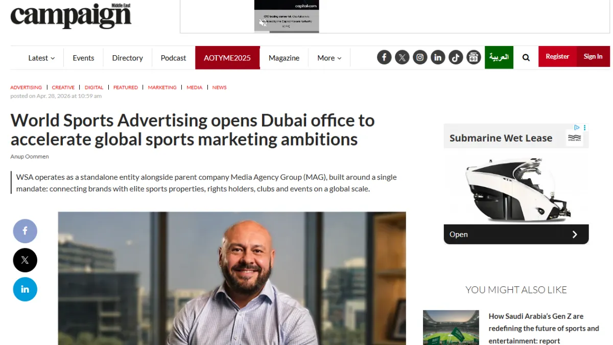 Campaign Middle East Publishes Feature on World Sports Advertising’s Dubai Launch
