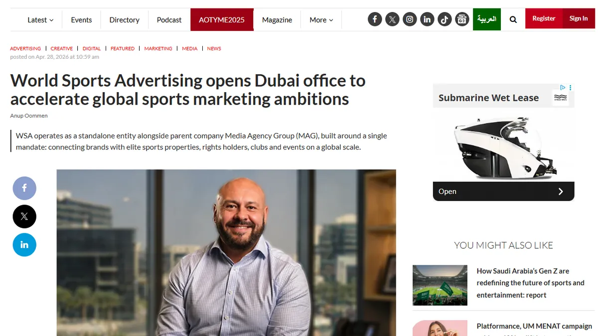 Dubai Expansion of World Sports Advertising Featured in Campaign Middle East 
