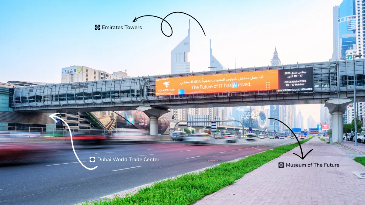 SolarWinds Digital Billboard Advertisement on Sheikh Zayed Road, near Museum of the Future, Emirates Towers, and Dubai World Trade Center Metro Station - OOH AE