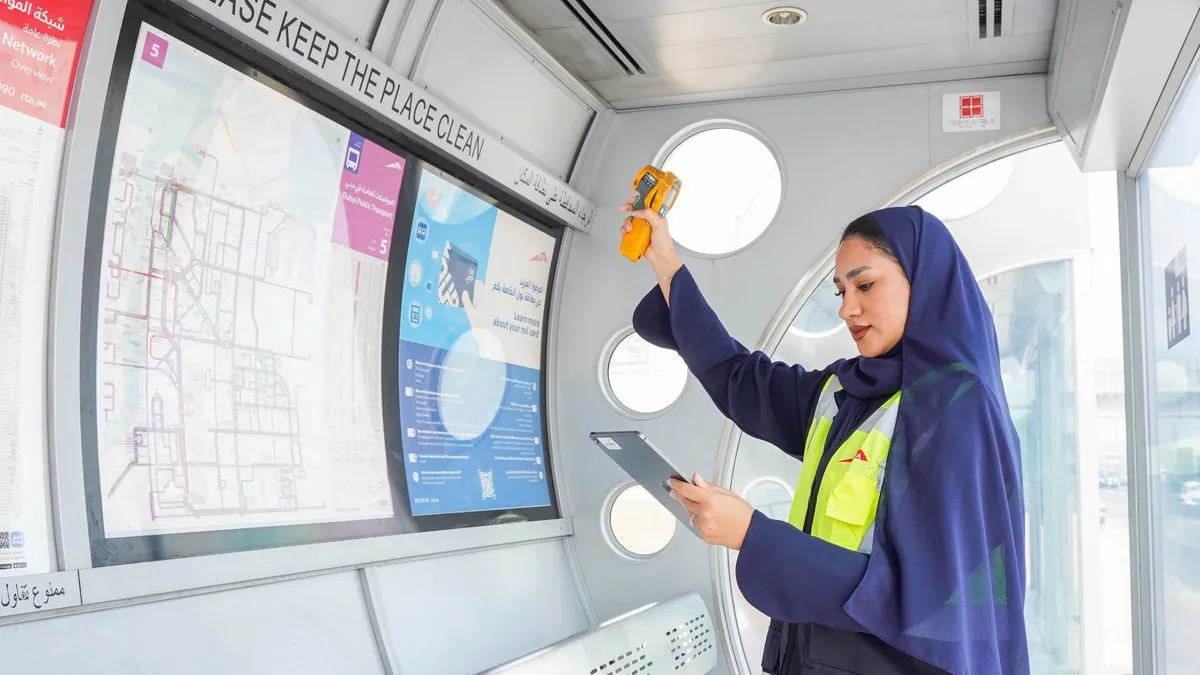 An RTA official testing the operation of a bus shelter