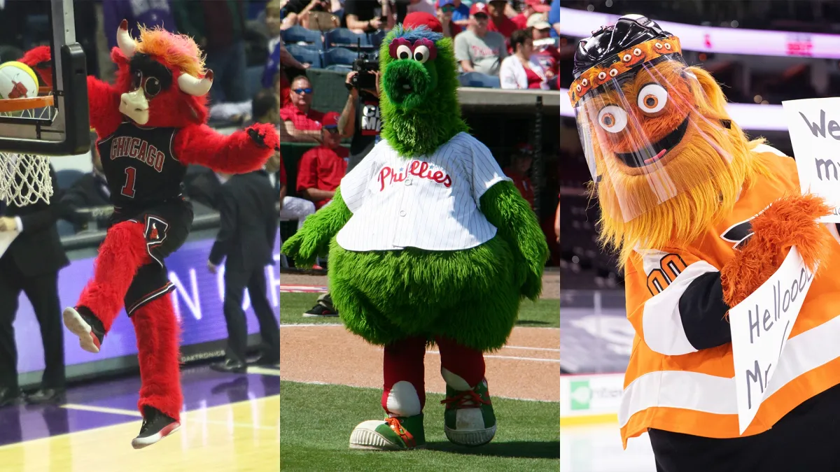 Benny the Bull (Chicago Bulls), The Phillie Phanatic (Philadelphia Phillies) and Gritty (Philadelphia Flyers)