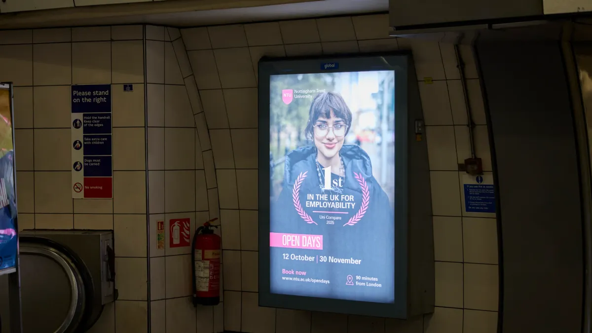 Nottingham Trent University Tube Advertising With Illuminated 4 Sheets at Waterloo Station - London Underground Advertising
