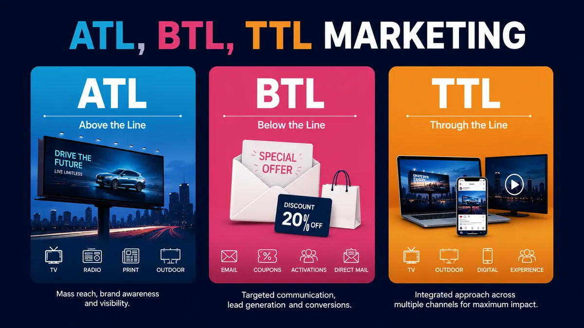 ATL, BTL and TTL marketing infographic explaining above-the-line advertising through billboards, TV, radio, print and outdoor media for mass brand awareness.