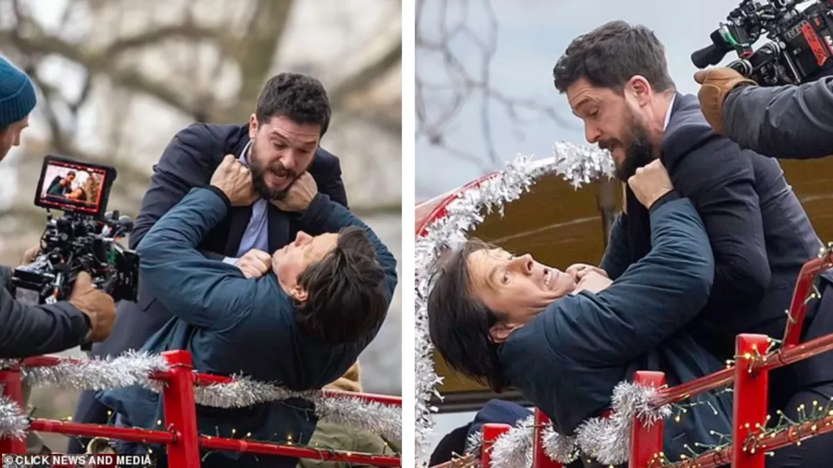 Mark Wahlberg and Kit Harington filming on a London Bus For The Family Plan 2