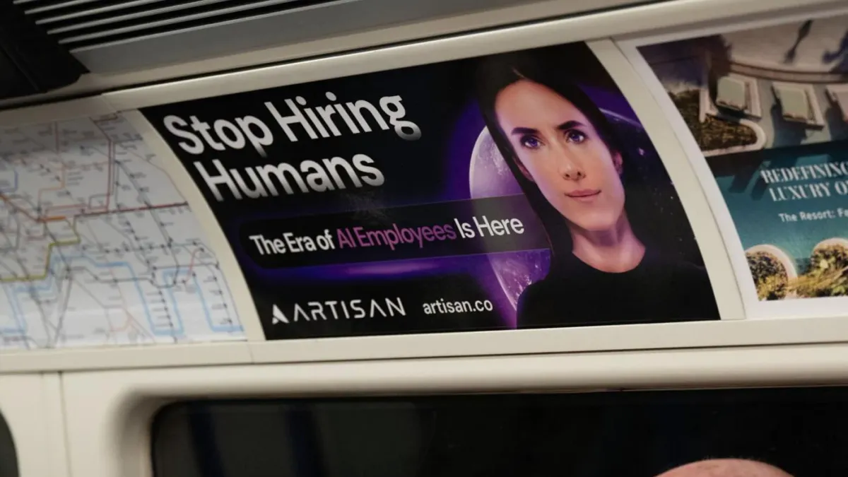 Stop Hiring Humans Campaign on Tube Car Panels