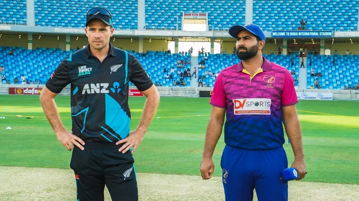 New Zealand's Tim Southee and Asif from UAE - Dubai Cricket Stadium - World Sports Advertising