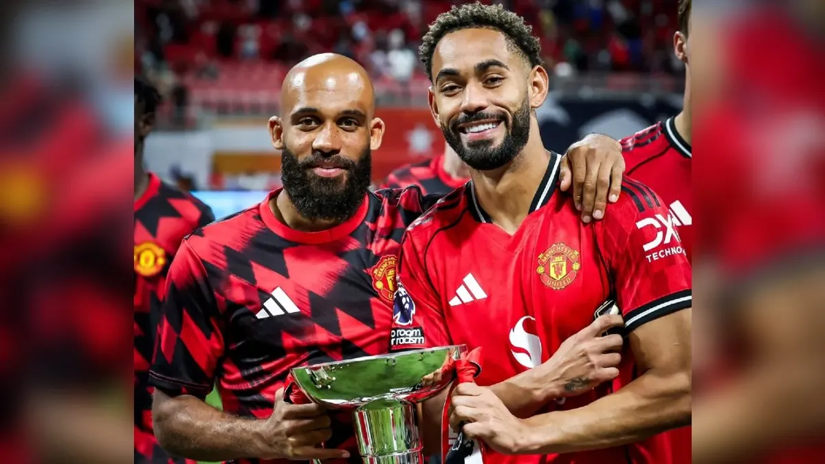 Mbeumo and Cunha Holding the 2025 Premier League Summer Series Trophy won by Manchester United - World Sports Advertising